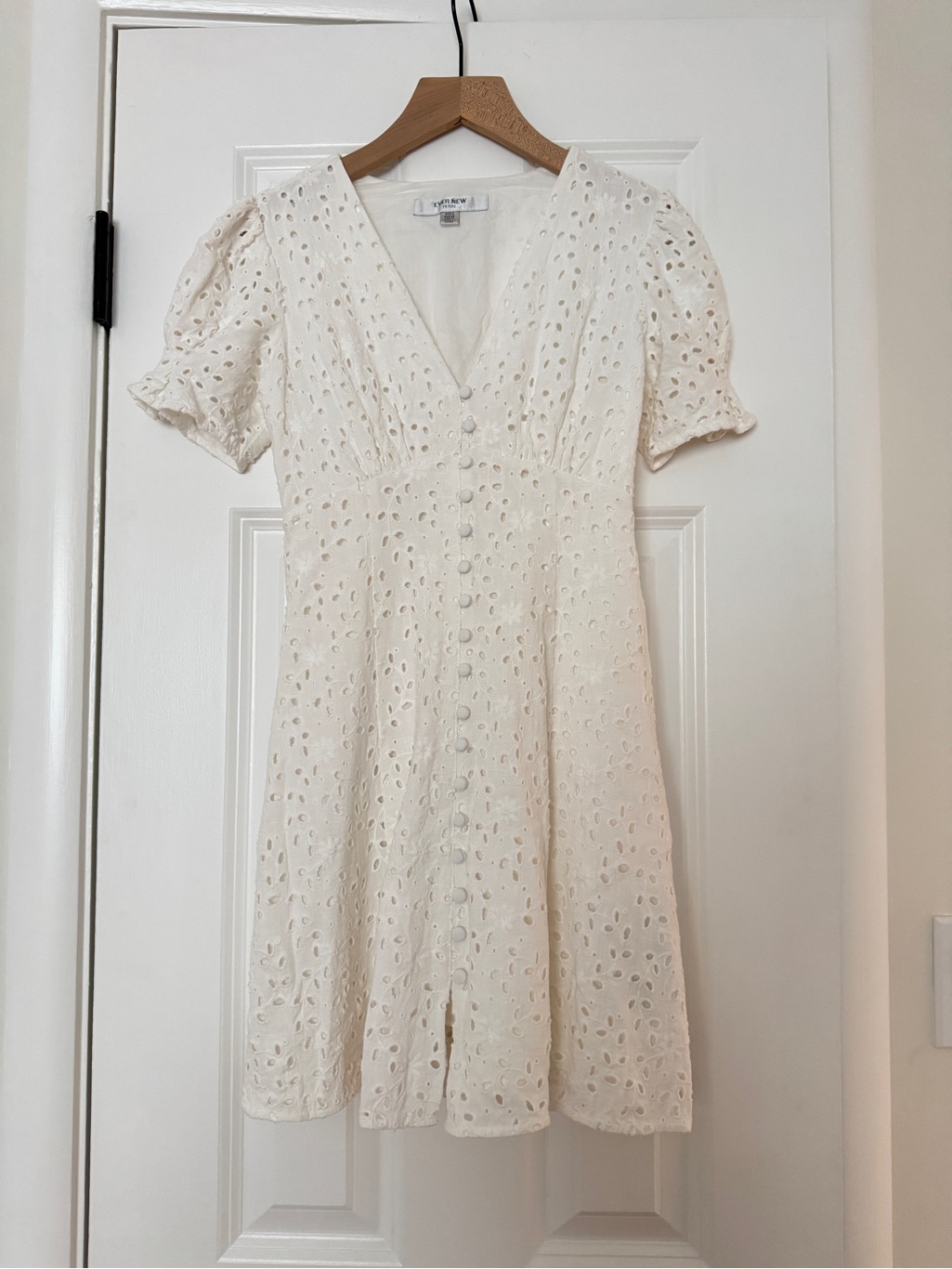Ever New Petite Button Up Eyelet Mini Dress With Frill Sleeve In Ivory Size 0